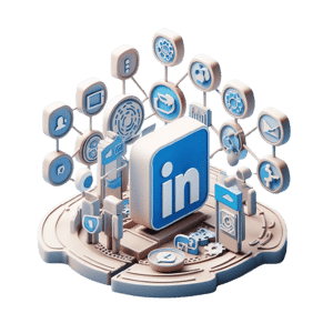 a blue and white linked icon surrounded by icons