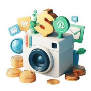 a camera surrounded by coins and icons