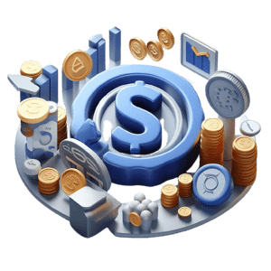 a blue dollar sign surrounded by stacks of coins